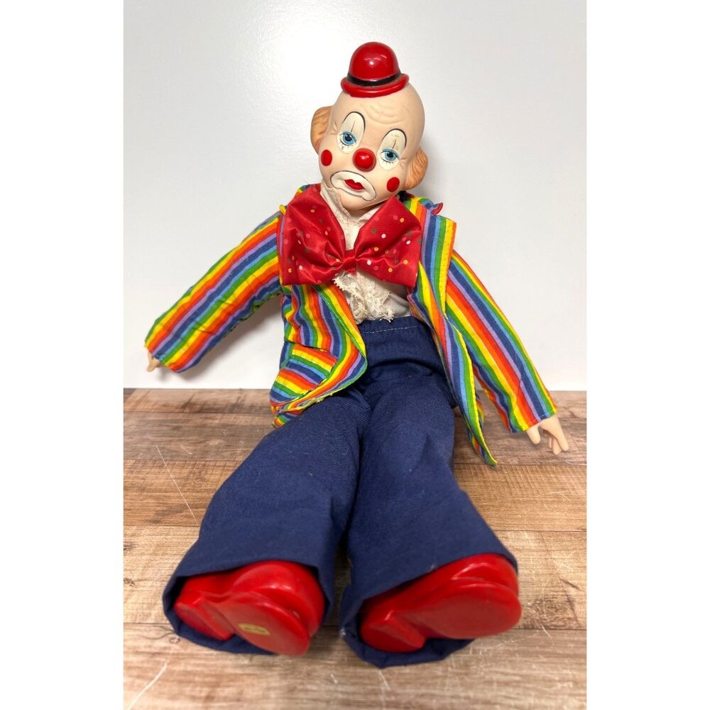 Vintage Collectible Porcelain Clown Doll Rainbow Striped Outfit